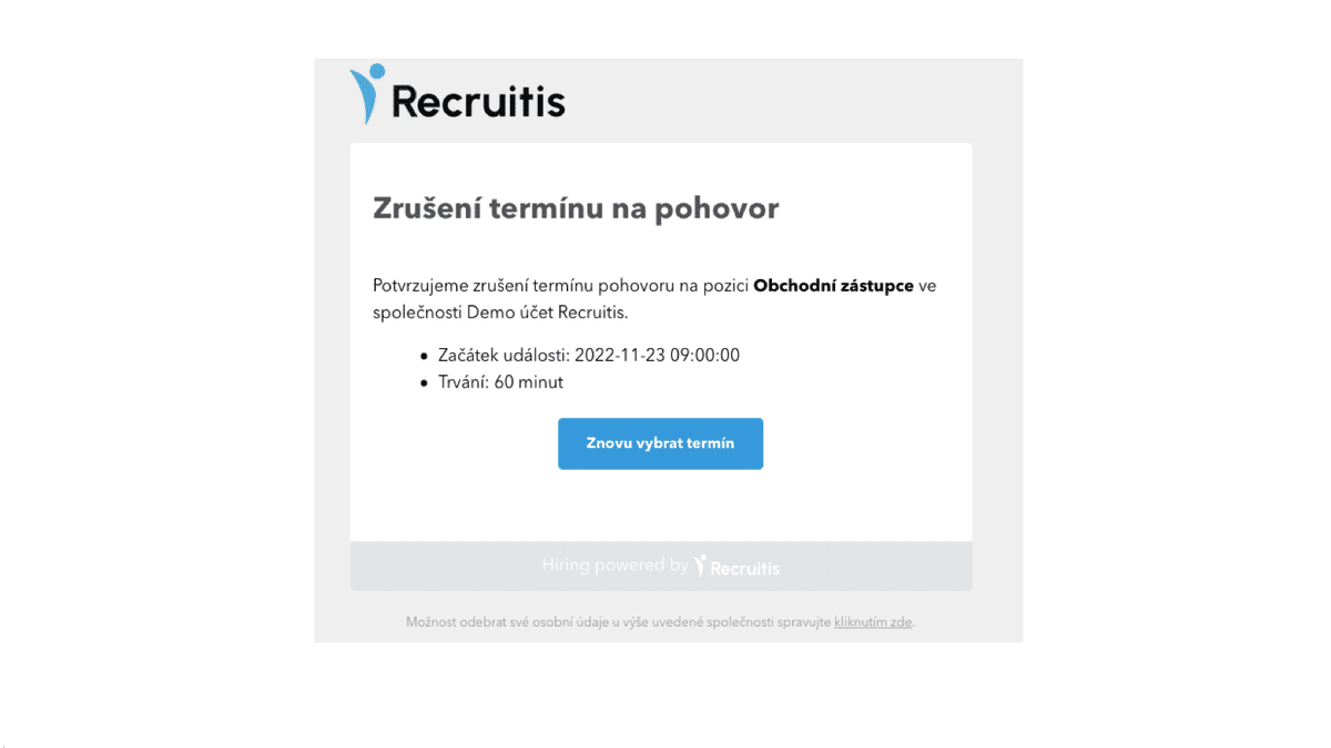 Příklad notifikace o zrušení u kandidáta
